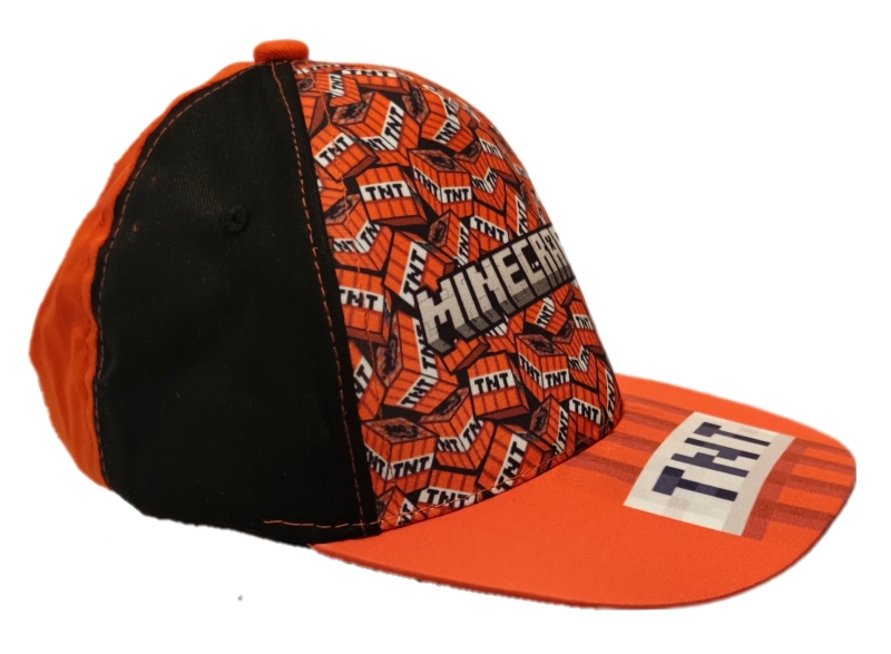 Seitenansicht: Minecraft Basecap für Kinder. Farbe Orange mit TNT Blöcken die aus dem gleichnamigen Spiel bekannt sind